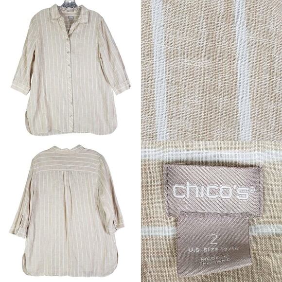 Chicos Top Button Up Shirt Women’s Size 2 US L Striped Tan Linen 3/4 Sleeve - Picture 1 of 10